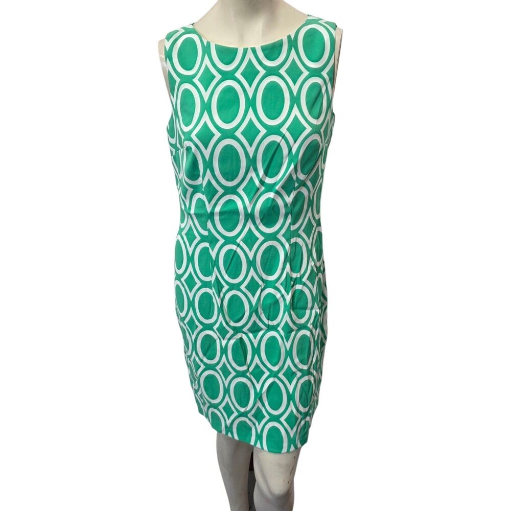 Alyx Dress Size‎ 12 Green White Geometric Sheath Sleeveless Career Midi Dress
